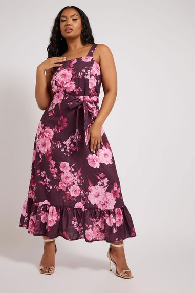 Yours London Curve Purple Floral Print Linen Look Dress