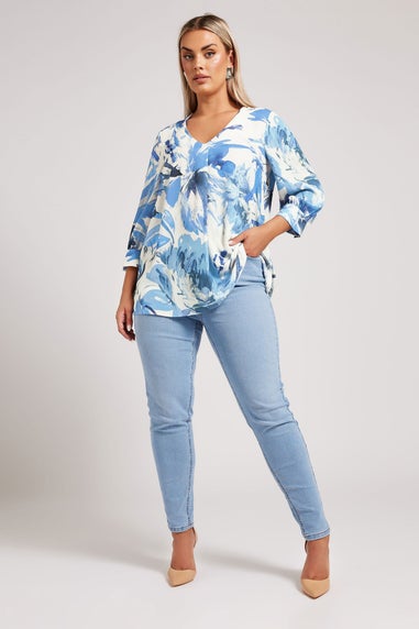 YOURS LONDON Curve Ivory White Abstract Print Pleat Front Blouse