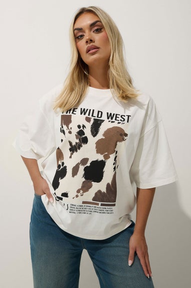 Yours Limited Collection Curve White Cow Print Slogan T-Shirt
