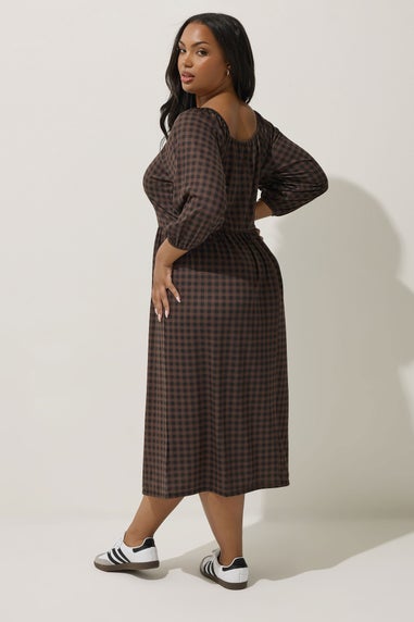 Yours Limited Collection Curve Brown Gingham Puff Sleeve Midi Dress