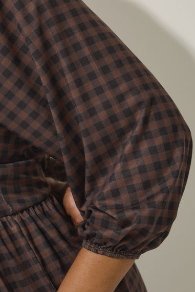 Yours Limited Collection Curve Brown Gingham Puff Sleeve Midi Dress