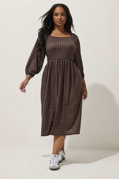 Yours Limited Collection Curve Brown Gingham Puff Sleeve Midi Dress