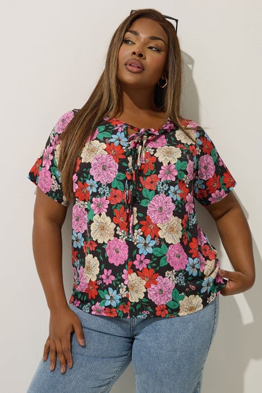 LIMITED COLLECTION Curve Black Floral Bow Tie Front Blouse