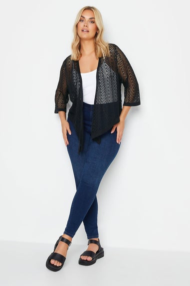 Yours Curve Black Crochet Open Waterfall Cardigan