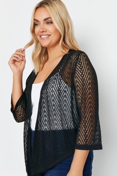 Yours Curve Black Crochet Open Waterfall Cardigan