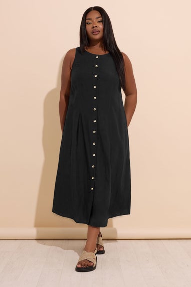 Yours Curve Black Linen Button Through Midaxi Dress