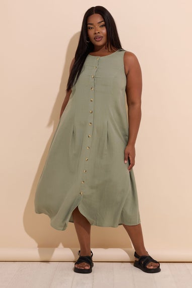 Yours Curve Khaki Green Linen Button Through Midaxi Dress