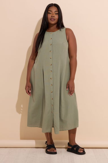 Yours Curve Khaki Green Linen Button Through Midaxi Dress