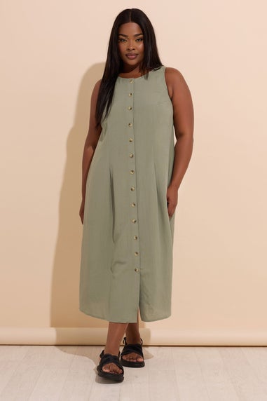 Yours Curve Khaki Green Linen Button Through Midaxi Dress