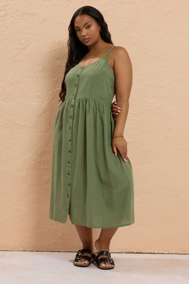 Yours Curve Khaki Green Button Through Linen Sundress