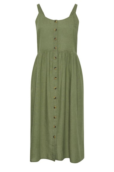 Yours Curve Khaki Green Button Through Linen Sundress