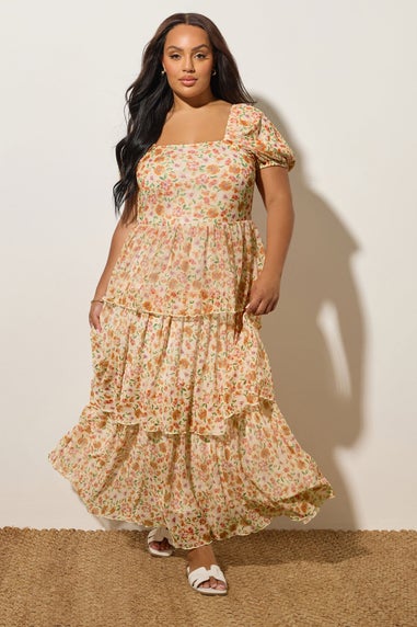 Yours Curve Butter Yellow Floral Tiered Maxi Dress