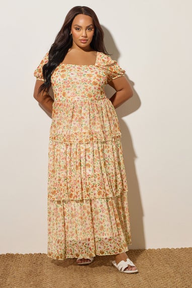 Yours Curve Butter Yellow Floral Tiered Maxi Dress