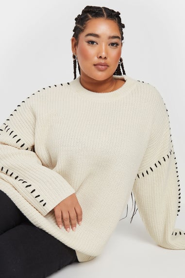YOURS Curve Cream Contrast Stitch Knitted Jumper