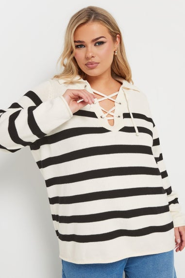 YOURS Curve White Stripe Tie Neck Jumper
