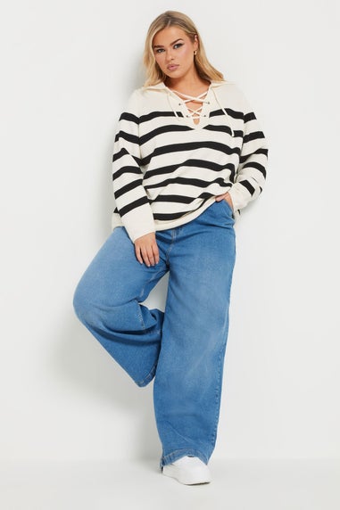 YOURS Curve White Stripe Tie Neck Jumper