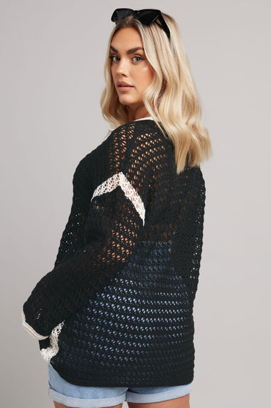 YOURS Curve Black & White Crochet Tie Front Jumper