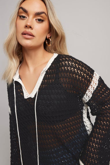 YOURS Curve Black & White Crochet Tie Front Jumper