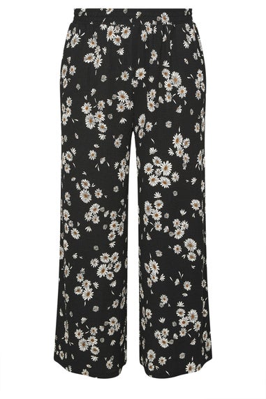 Yours Curve Black Daisy Print Wide Leg Trousers