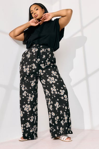 Yours Curve Black Daisy Print Wide Leg Trousers