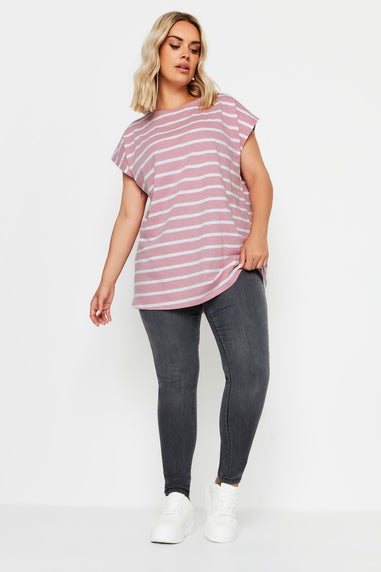 Yours Curve Pink Stripe Grown On Sleeve T-Shirt
