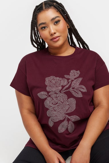 Yours Curve Burgundy Red Stud Embellished Floral Top
