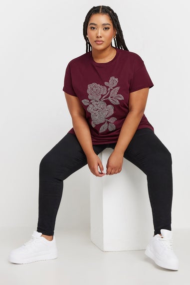 Yours Curve Burgundy Red Stud Embellished Floral Top