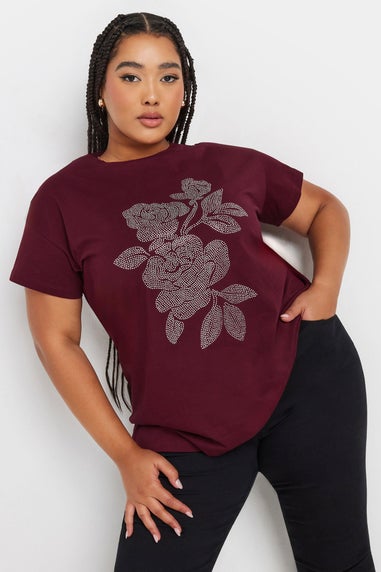 Yours Curve Burgundy Red Stud Embellished Floral Top