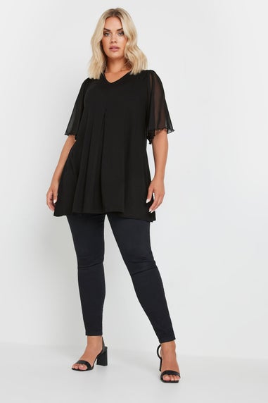 YOURS Curve Black Pleat Front Angel Sleeve Top