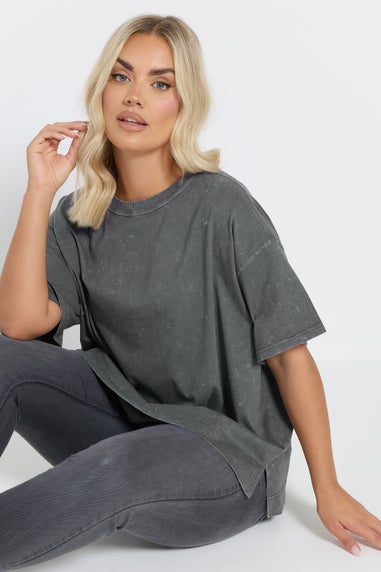 Yours Curve Grey Acid Wash Heavyweight Boxy T-Shirt