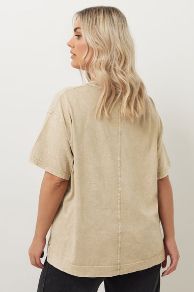 Yours Curve Natural Brown Acid Wash Heavyweight Boxy T-Shirt