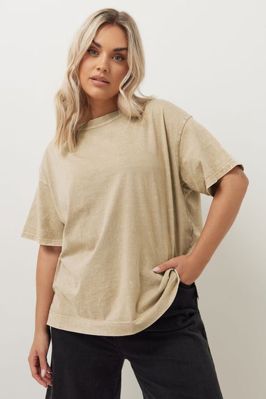Yours Curve Natural Brown Acid Wash Heavyweight Boxy T-Shirt