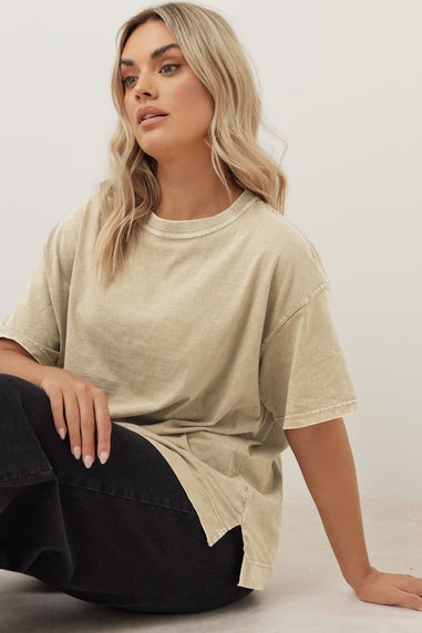 Yours Curve Natural Brown Acid Wash Heavyweight Boxy T-Shirt