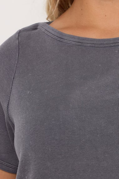 Yours Curve Grey Acid Wash Ribbed Swing T-Shirt