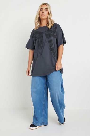 Yours Curve Grey Bow Print Oversized T-Shirt