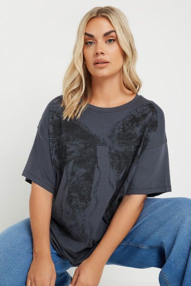 Yours Curve Grey Bow Print Oversized T-Shirt