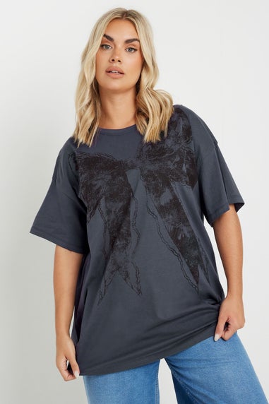 Yours Curve Grey Bow Print Oversized T-Shirt