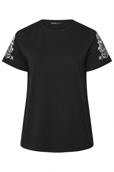 Yours Curve Black Embroidered Sleeve T-Shirt