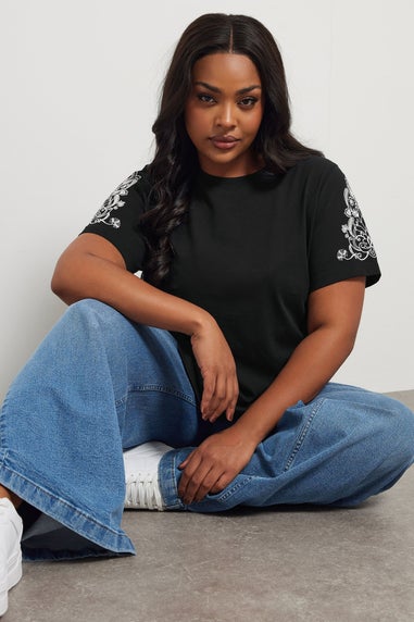 Yours Curve Black Embroidered Sleeve T-Shirt