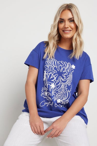 Yours Curve Blue Coastal Garden Graphic Print T-Shirt