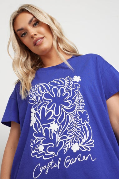 Yours Curve Blue Coastal Garden Graphic Print T-Shirt