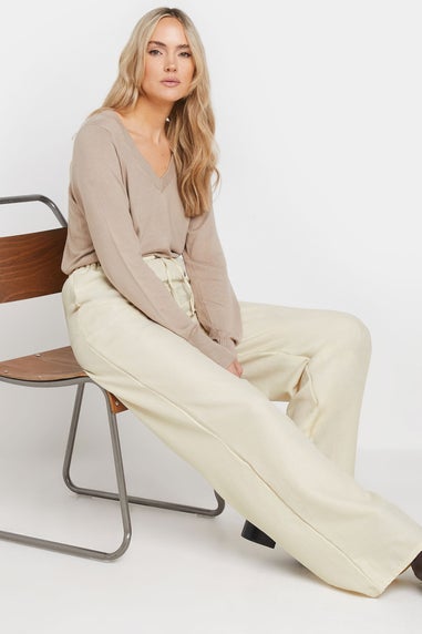 Long Tally Sally Cream Textured Wide Leg Trousers