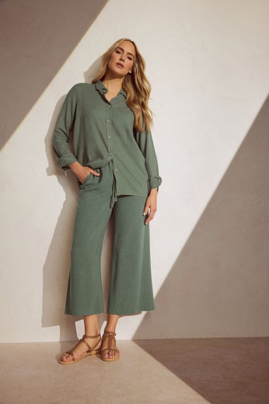 Long Tall Sally Green Linen Cropped Wide Leg Trousers