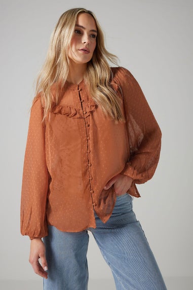 LTS Tall Coral Pink Sheer Dobby Frill Blouse