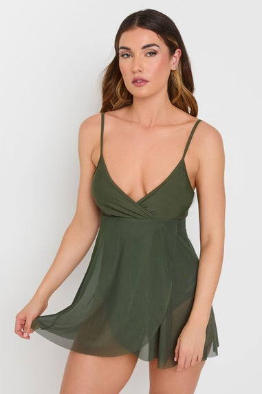 Long Tall Sally Khaki Green Mesh Skirted Wrap Swimsuit