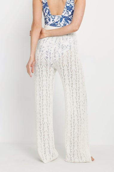 Long Tall Sally Ivory White Pointelle Knit Wide Leg Trousers
