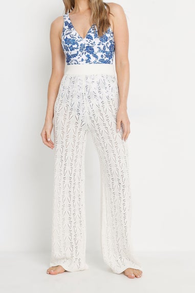 Long Tall Sally Ivory White Pointelle Knit Wide Leg Trousers