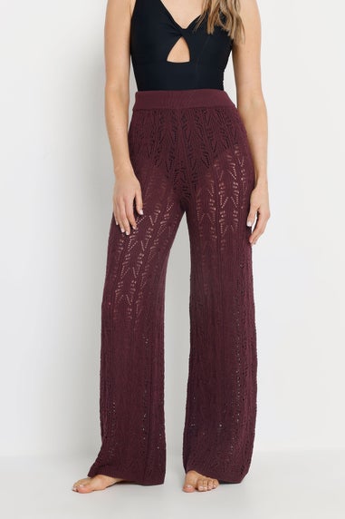 Long Tall Sally Dark Purple Pointelle Knit Wide Leg Trousers