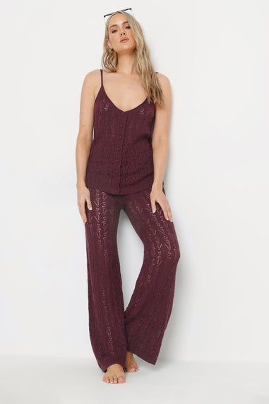 Long Tall Sally Dark Purple Pointelle Knit Wide Leg Trousers