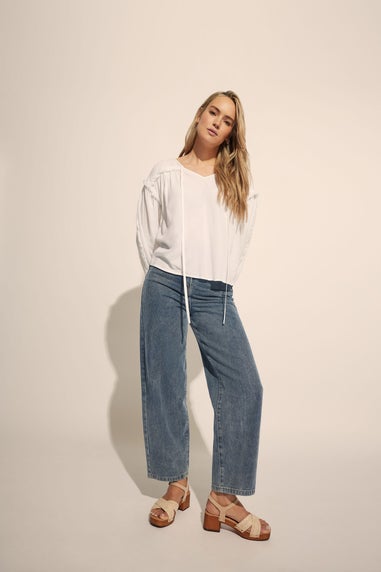 LTS Tall Ivory White Fringed Seam Tie Neck Blouse